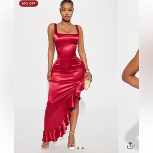 Fashion Nova Red Satin Asymmetrical Maxi Dress
